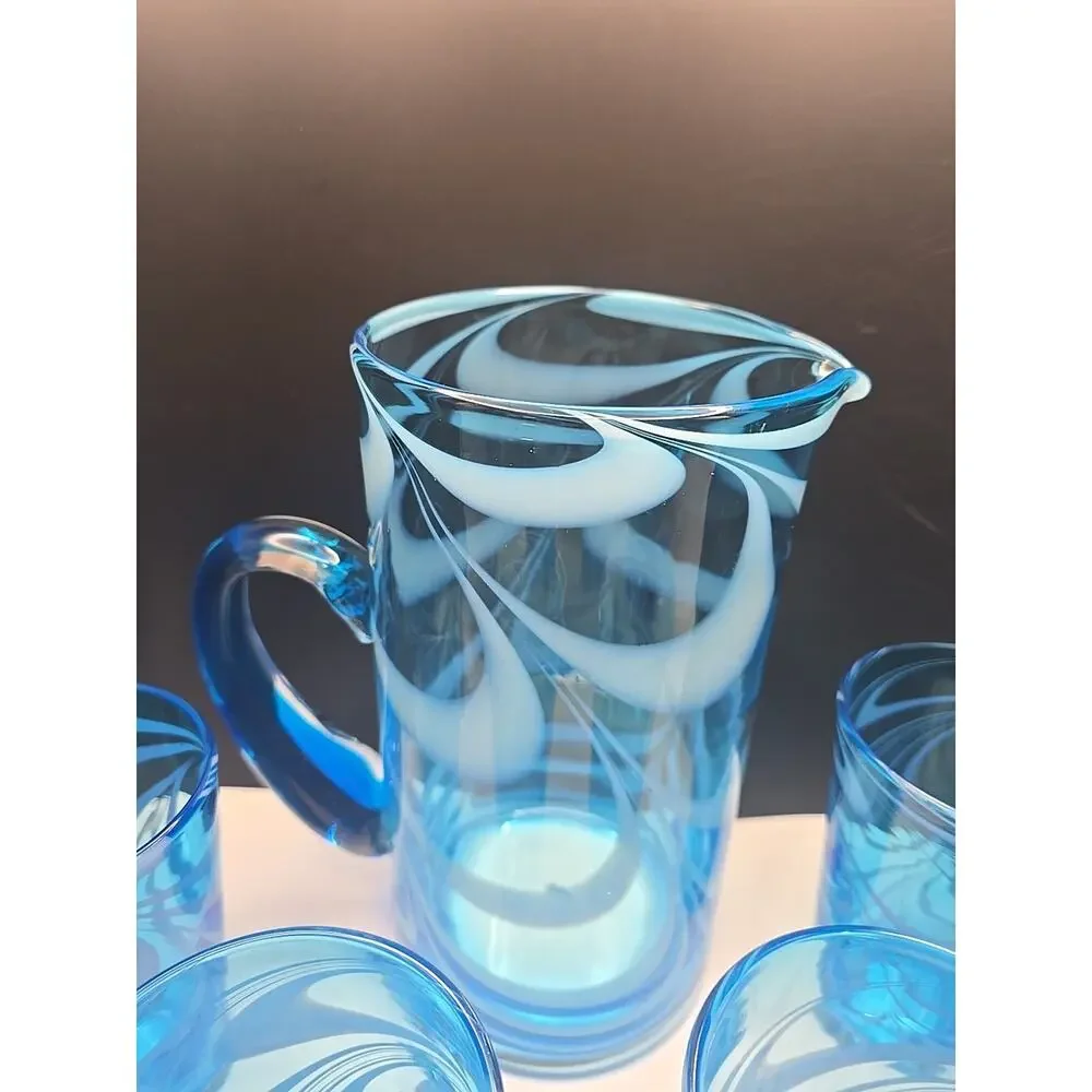 VINTAGE HANDBLOWN BLUE FENTON LIKE ART GLASS OPALESCENT SWIRLED SET OF 5